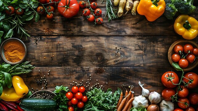 Overhead shot of fresh vegetables and herbs arranged on a rustic wooden surface creating a border