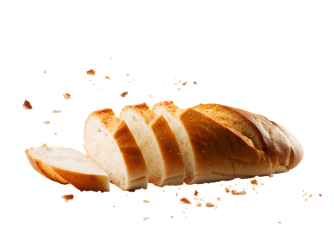 Baguette bread with falling crumbs isolated on transparent or white background, png
