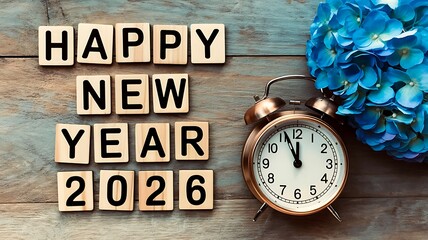 Wooden letter tiles spell out happy new year 2026 next to a vintage alarm clock and a bright blue hydrangea flower on a rustic wooden background symbolizing celebration and the arrival of the new year