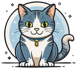 Cute Cartoon Cat Illustration Blue Tabby Wearing Collar Design for Pet Lovers