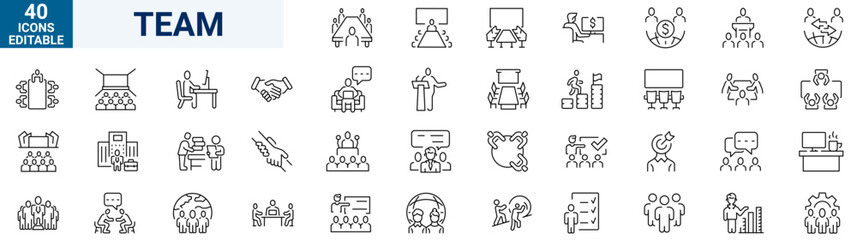 Team Web Icon Set in Line Style. Collection of Teamwork Linear Icons, Including team building, workshop, human resources, business people, group, team, organization, community. Editable Stroke