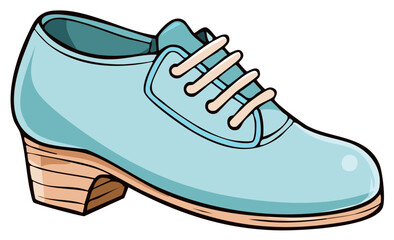 Cartoon illustration of a single blue shoe with laces and a small wooden heel