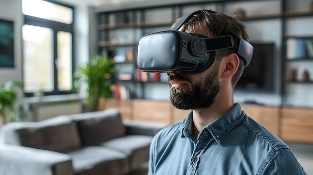 Man with vr headset in living room exploring virtual reality with modern technology and home background - Powered by Adobe