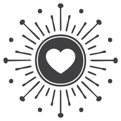 Heart shape in a radiant circle with sunburst rays and dots