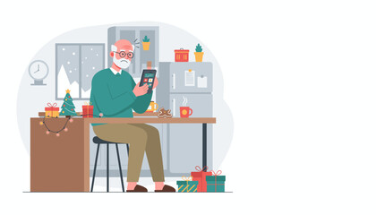 Senior man confused by smartphone tech while sitting in a cozy Christmas home setting