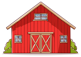 Vibrant Red Barn Building Cartoon Isolated Illustration with Classic Doors and Windows