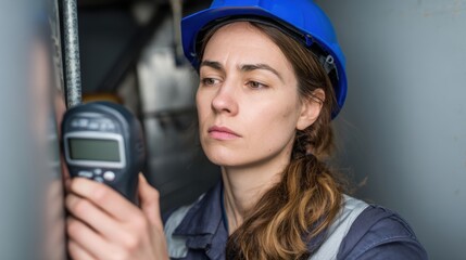 Female engineer using a digital measuring device in an industrial setting
