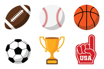 Set of Sports Equipment Icons Featuring Football, Baseball, Basketball and Soccer Balls with Trophy Cup and Foam Finger Elements Designed as Clean Vector Graphics for Team Branding Resources