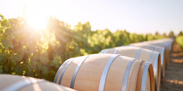 Row of wooden barrels are lined up in a field