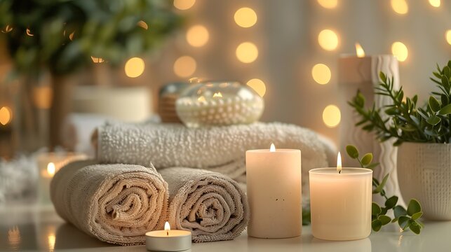 Still life of rolled towels and lit candles with a decorative plant and bokeh lights backdrop