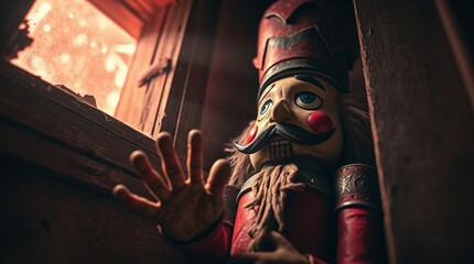 Antique Wooden Nutcracker Toy in Somber Mood Lying Abandoned in a Dim Basement Background