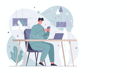 Happy man browsing phone at home desk Remote work technology winter connection