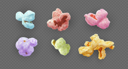 Realistic air-popped popcorn of various colors, sweet corn kernels with different flavors.