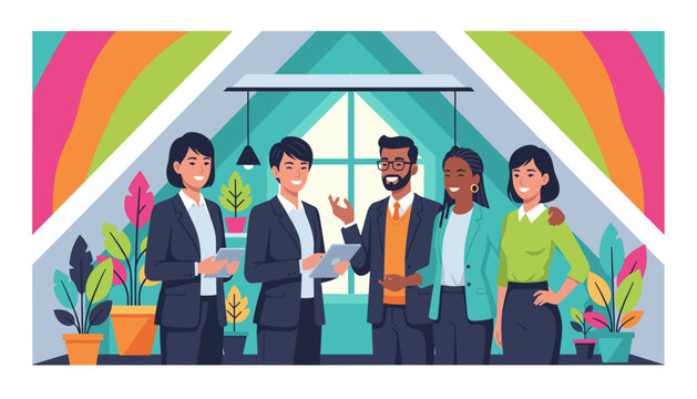 Diverse professional team meeting and collaborating in a modern plantfilled office