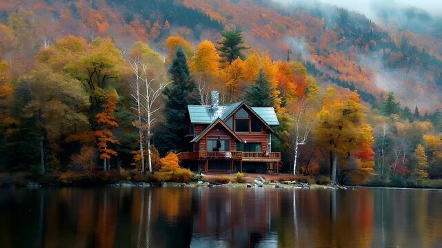 Aerial view of a log cabin nestled amidst a forested landscape during autumn. The cabin is a twostory structure with a steeply pitched roof, large windows, and a balcony.