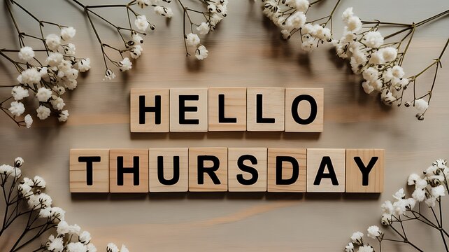 Wooden letter tiles spell out hello thursday framed by delicate white floral branches creating a warm and inviting greeting for the day