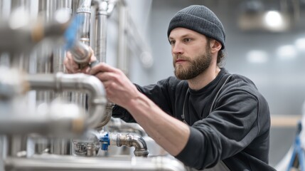 Man working on stainless steel pipes in a brewery or industrial setting