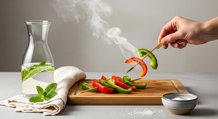 grilled red and green bell pepper slices on wooden skewers, culinary blog banner and recipe book cover, with copy space