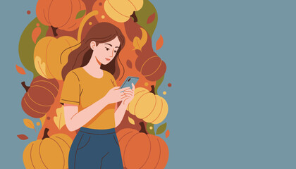 Young woman uses smartphone against a fall background of pumpkins and leaves Autumn technology concept