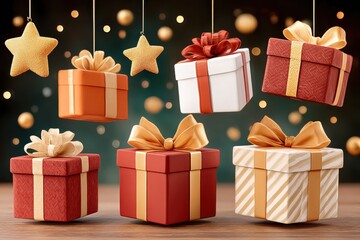 Hanging gold stars and festive red gift boxes with luxurious ribbons for celebrations