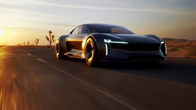 Futuristic Electric Sports Car Driving on a Desert Highway at Sunset