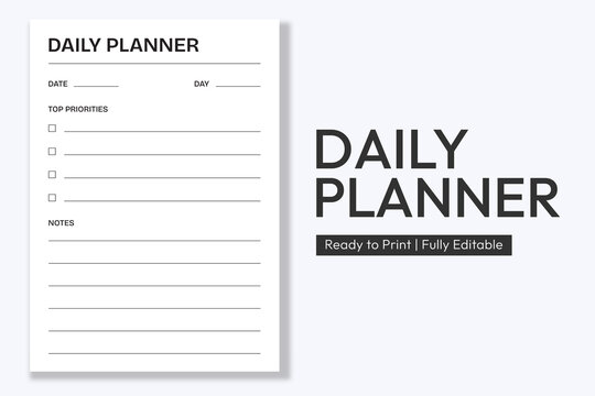 Minimalist Daily Planner Template Vector, Printable Productivity Schedule Organizer Worksheet