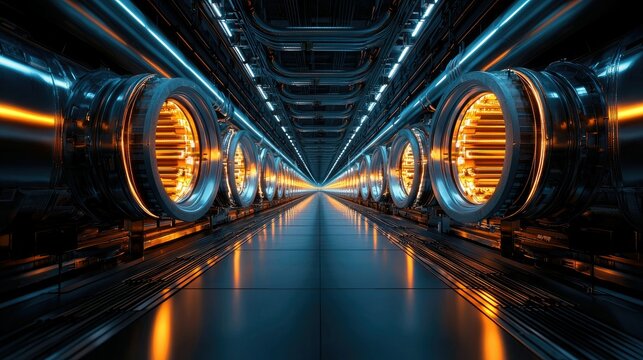A futuristic tunnel with glowing circular elements and reflective surfaces, illuminated by dramatic blue and orange lighting. - Powered by Adobe