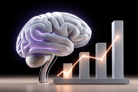 3D render of a silver brain with a bar graph showing data growth against a black background