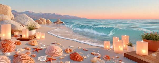 Romantic beach sunset scene with glowing candles, seashells, and calm turquoise waves