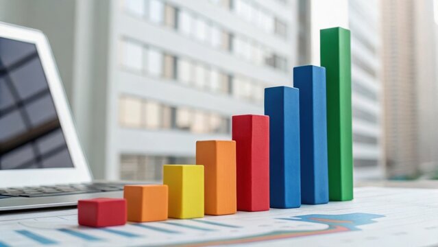 A colorful bar graph representing data trends sits next to a laptop, symbolizing business analytics and performance tracking in a modern office setting. - Powered by Adobe