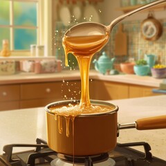 Liquid pouring from spoon into pot on stove