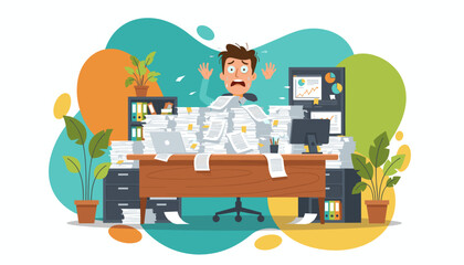 Businessman drowning in piles of paperwork stress deadline and overwhelming workload concept