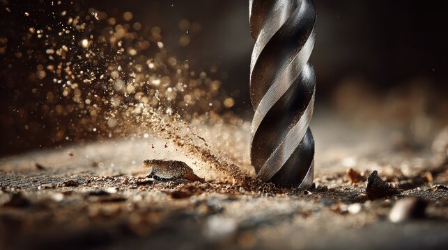 Close-up of a drill bit boring into wood, creating sawdust and debris