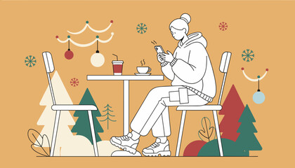 A young woman uses her phone while enjoying a warm drink in a festive winter setting
