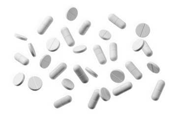 Falling white pills isolated on transparent background. PNG