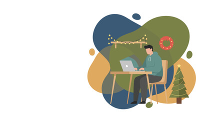 Remote worker using laptop in a cozy holidaydecorated home office Digital nomad Christmas illustration