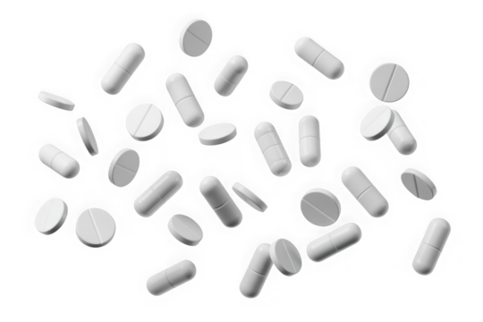 Falling white pills isolated on transparent background. PNG
