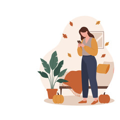 Woman using smartphone in a cozy autumnthemed living room Home life illustration