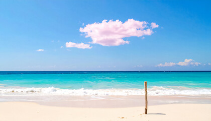 Fototapeta premium A beautiful beach with beautiful turquoise water and one pink cloud in the sky, a gentle, happy and inspiring atmosphere of dreaminess