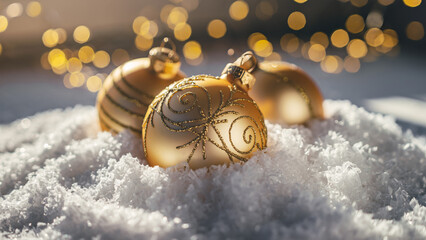 Fototapeta premium Elegant Golden Christmas Baubles in White Snow with Warm Bokeh Lights Background