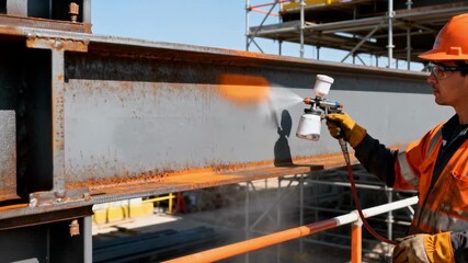Applying industrial paint to steel beams for effective corrosion protection in construction environments with safety gear and precise technique