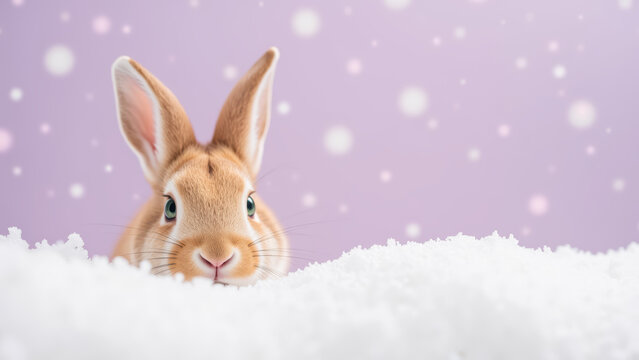 Cute rabbit peeks over snowy surface against soft purple background with falling snowflakes, creating whimsical winter scene