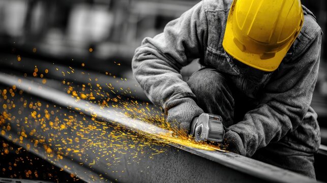 Metalworker using a grinder to cut steel, creating sparks in a construction setting