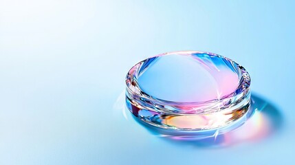 A close-up shot of a glass ring object with colorful light reflections, set against a gradient blue background, creating a vibrant and abstract composition.