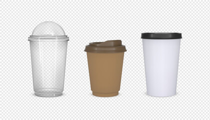 Takeaway drink packages mock up 3D vector set, craft paper and transparent plastic cups, coffee tea cup with plastic lid
