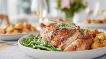Plate of chicken with green beans and potatoes
