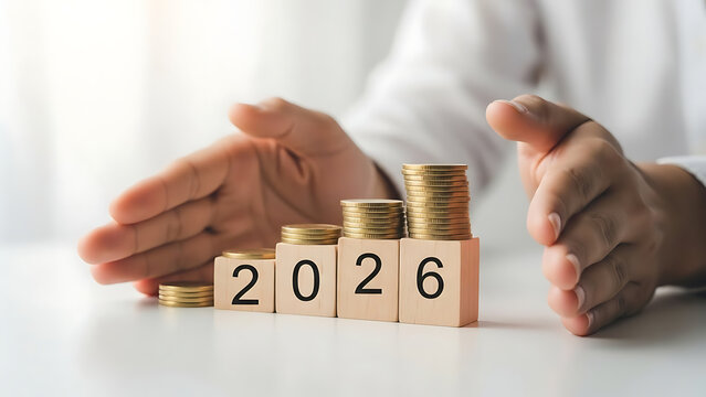Financial success and growth in 2026 symbolized by stacked coins and numerical blocks, representing future prosperity and investment