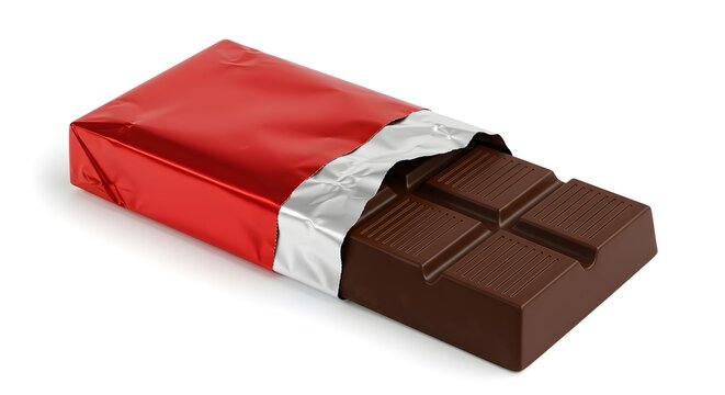 Unwrapped dark chocolate bar in vibrant red foil, showing rich segments on a clean white background, sweet indulgence