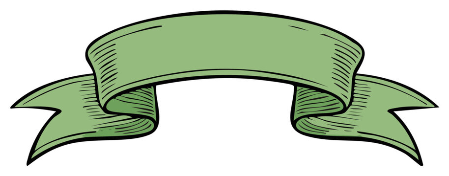 Decorative green ribbon banner illustration with curled ends, hand-drawn style