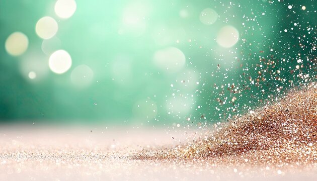Close-up of gold glitter particles falling against a soft, blurred green and bokeh background, creating a dreamy and festive atmosphere.